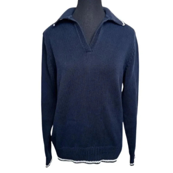 Eddie Bauer Womens Large Navy Collar Cotton Knit Sweater - Picture 1 of 14